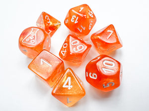 A set of orange polyhedral dice with white numbers, including various shapes such as a 4-sided, 6-sided, 8-sided, 10-sided, 12-sided, 20-sided, and percentile dice, plus an additional white 6-sided dice with pips.
