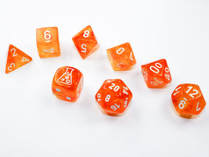 Borealis Luminary Blood Orange polyhedral set, showing off brilliant sparkly orange dice.