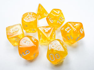 A set of yellow polyhedral dice with white numbers, including various shapes such as a 4-sided, 6-sided, 8-sided, 10-sided, 12-sided, 20-sided, and percentile dice, plus a bonus 6-sided pipped lab dice.