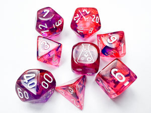 A set of polyhedral dice with white numbers on a pink and purple nebula background, including a bonus 6-sided pipped lab dice.
