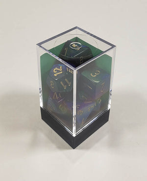 A close up of the Chessex Gemini Blue and Green polyhedral dice set in its package.