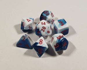A close up of the Chessex Gemini Astral Blue and white polyhedral dice set.