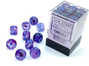 A close up of the Chessex Nebula Nocturnal with blue 12mm d6 dice set.