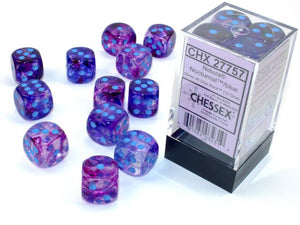 A close up of the Chessex Nebula Noctural with blue 16mm dice set in and out of their packaging.