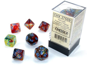 A close up of the Chessex Nebula primary with blue polyhedral dice set.