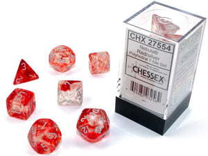 A close up of the Chessex Nebula Red with silver polyhedral dice set.