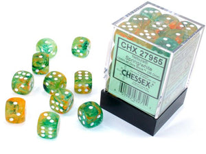 A close up of the Nebula Spring with white 12mm d6 dice set.