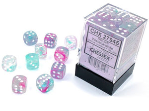 A close up of the Chessex Nebula Wisteria with White 12mm d6 dice set.