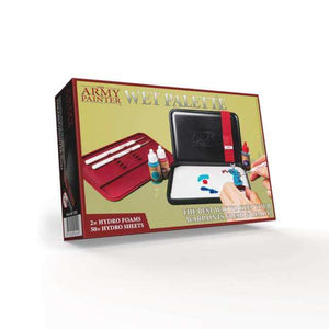 Packaging for the Army Painter Wet Palette, showing it in use.
