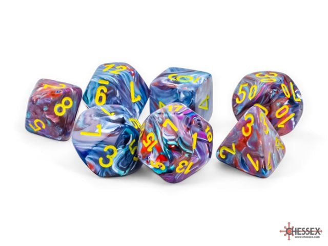 A set of multicolored dice with numbers ranging from 1 to 20, featuring a swirl of colors including yellow, blue, and red.