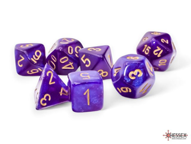 An oversized polyhedral set in purple with gold ink. Glitter in embedded in the dice. 
