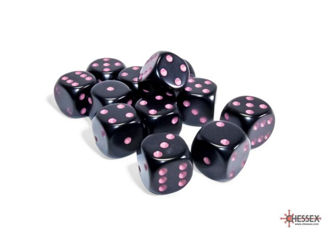 A collection of black dice with pink spots, arranged on a white background.