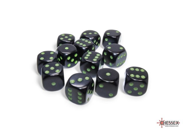 A collection of black dice with green dots, arranged on a white surface, part of a set.