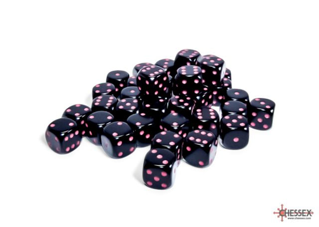 A collection of black dice with pink dots, arranged on a white surface.
