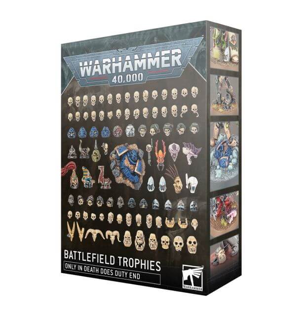 Packaging for Warhammer 40,000 Battlefield Trophies miniatures, featuring various trophy designs and a dragon.