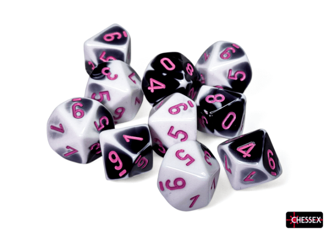 A set of black and white marbled d10 dice with pink numbers, 