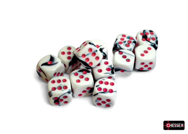 A collection of 16mm six-sided dice with black and white marbling and pink spots.