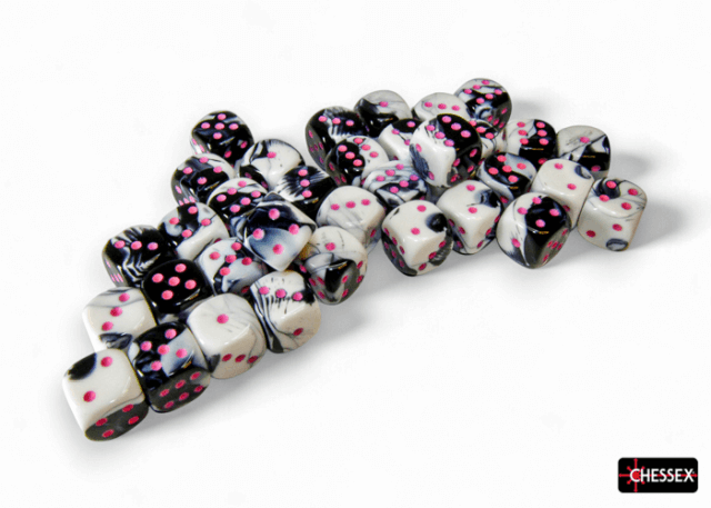 A set of Chessex Gemini black and white 12mm dice with pink dots, arranged in a pattern.