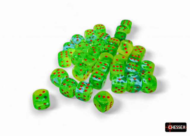 A collection of green-colored dice with teal and orange patterns, featuring spots in the center.