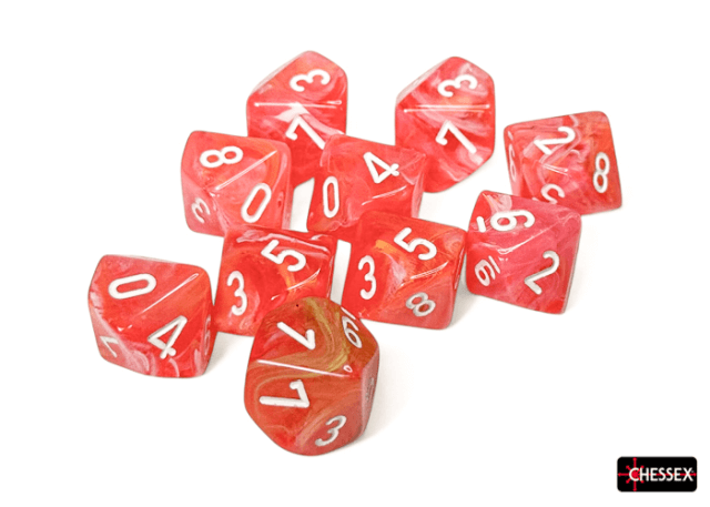 A collection of orange dice with white dots.