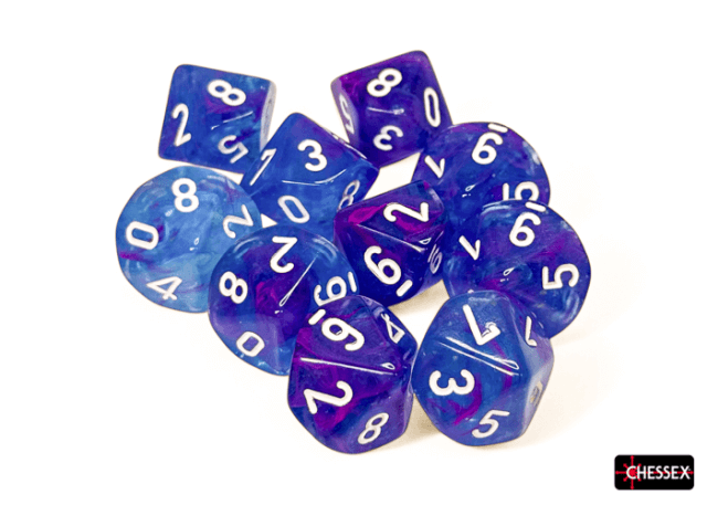 A set of purple d10 dice with white numbers on them, 
