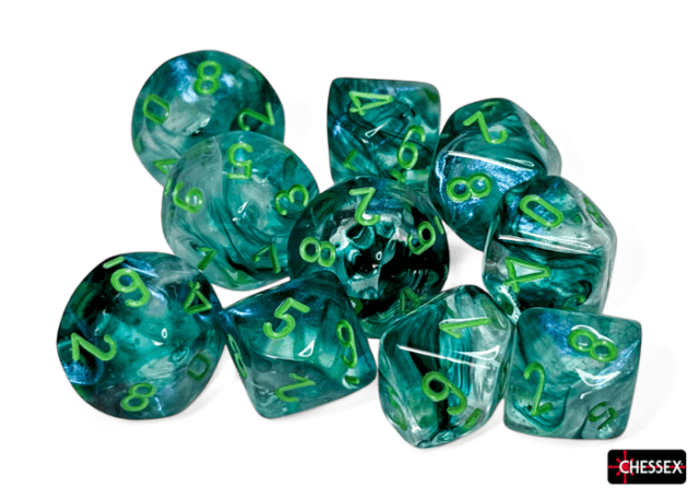 A set of green polyhedral dice with numbers visible, manufactured by Chessex.