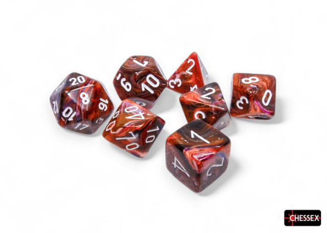 A set of seven polyhedral dice in red and white, with numbers in white on a red background, manufactured by Chessex.
