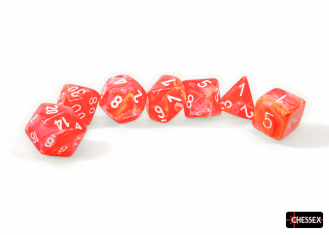 A set of red polyhedral dice with white numbers and markings on them, including various shapes such as a 4-sided, 6-sided, 8-sided, 10-sided, 12-sided, 20-sided, and a 10-sided die with a '10's digit'.