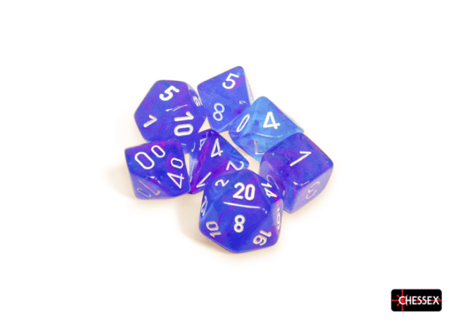 A set of purple polyhedral dice with white numbers on them, including various shapes such as a 4-sided die, 6-sided die, 8-sided die, 10-sided die, 12-sided die, 20-sided die, and a 10-sided die with tens digit.