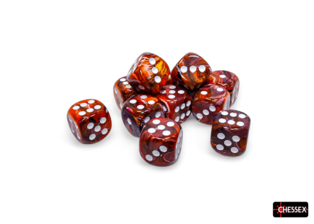 A collection of orange and white six-sided dice with Chessex branding.