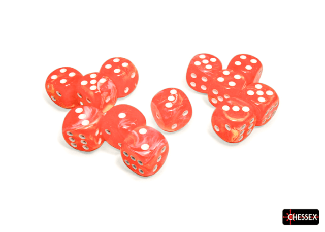A collection of orange dice with white dots, arranged in a pattern that includes a perfect cube shape.