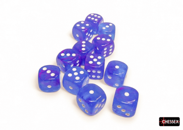 A collection of blue dice with white dots, Chessex branding visible.