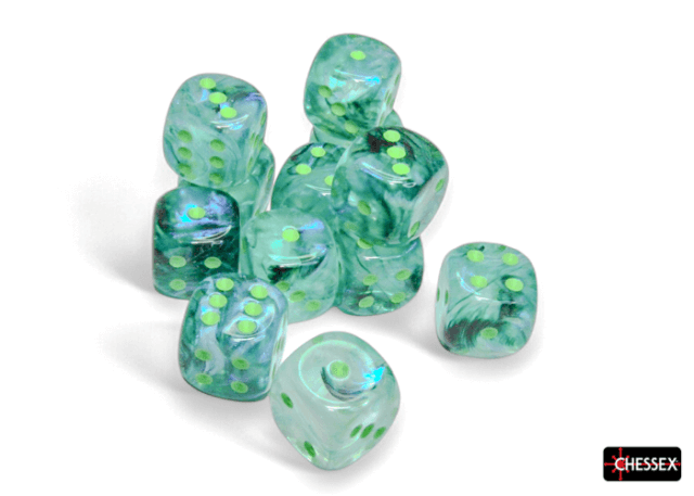 A collection of green dice with black numbers, produced by Chessex.