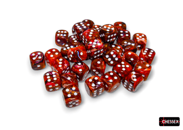 A collection of red dice with white dots, Chessex branding visible.