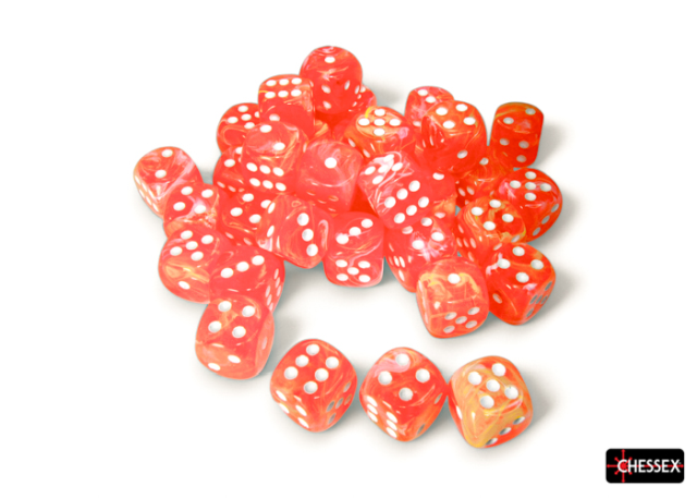 A collection of orange dice with white dots, arranged in a loose formation, with the Chessex logo in the bottom right corner.