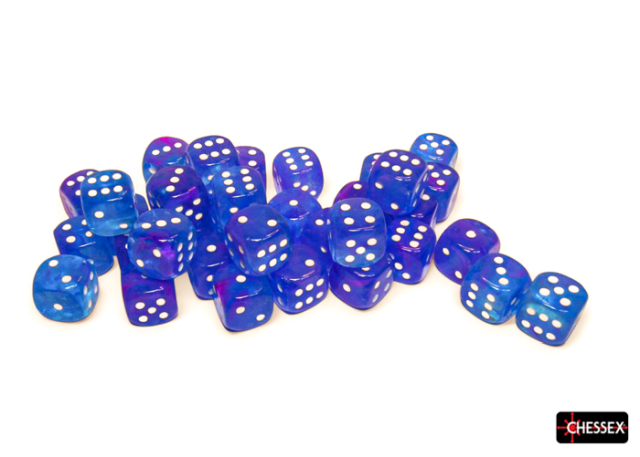 A collection of blue six-sided dice with white dots, featuring a semi-opaque Nebula Aura effect from Chessex.