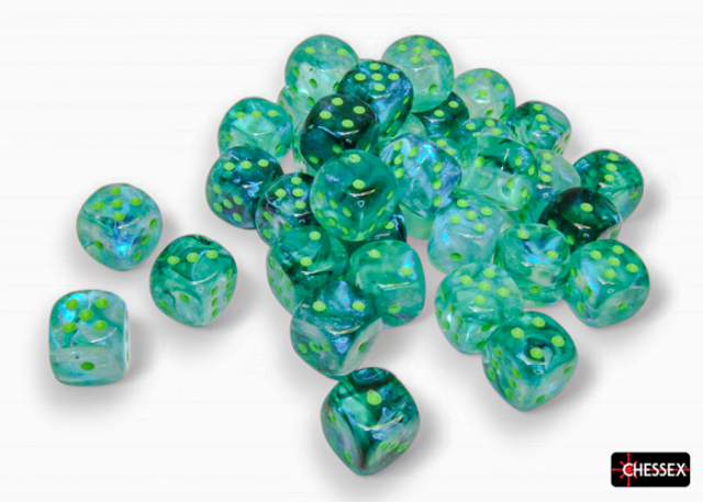 A collection of 12mm six-sided dice in various shades of green with speckles of white and blue, characteristic of the Borealis kelp dice set.