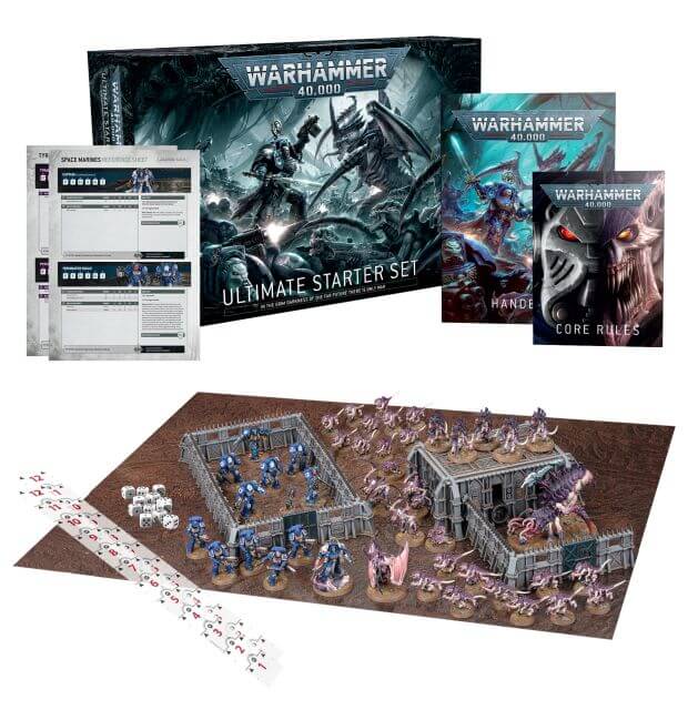 A collection of Warhammer 40,000 miniatures and accessories including a rulebook, a core rules booklet, and modular terrain pieces, with miniatures assembled and painted.