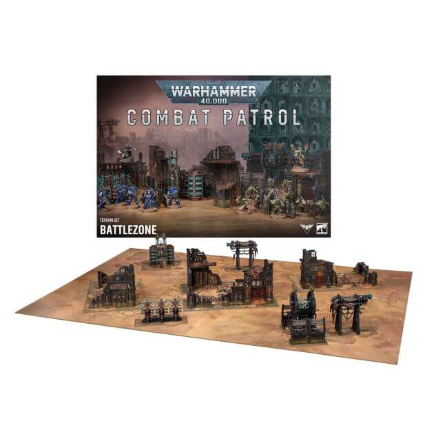 Warhammer 40k Battlezone Combat Patrol tabletop terrain set, showing the printed box art above the assembled miniature ruins and vehicles on a tan base mat against a white background.