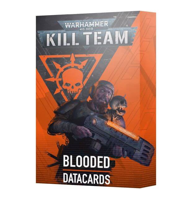 Packaging for 40K Kill Team Blooded Datacards featuring illustrations of characters and a vehicle, with a predominantly orange and black color scheme.