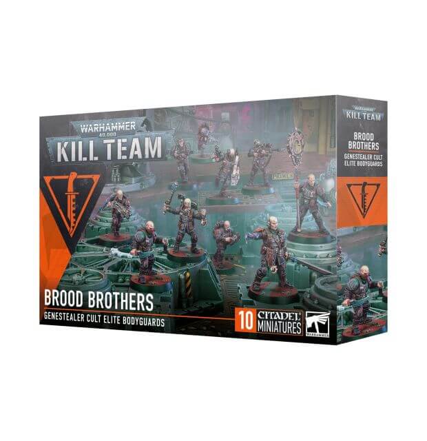 Product packaging for 40K Kill Team Brood Brothers miniature figures, featuring images of the miniatures and the text 'Genestealer Cults: Brood Brothers' on the box.