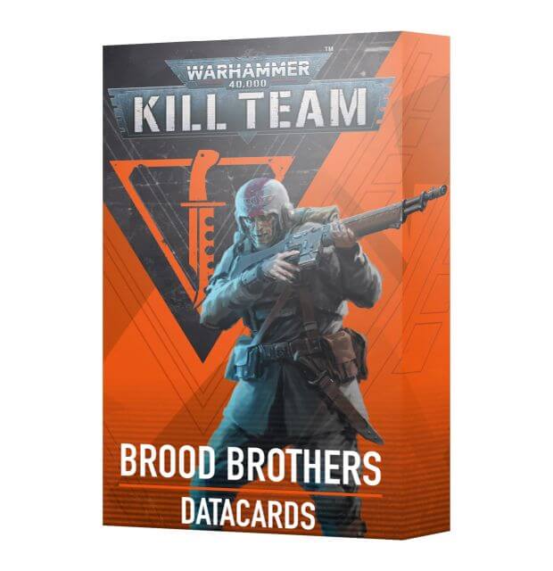Packaging for Warhammer Kill Team Brood Brothers Datacards featuring an illustration of a Brood Brother operative with a gun.