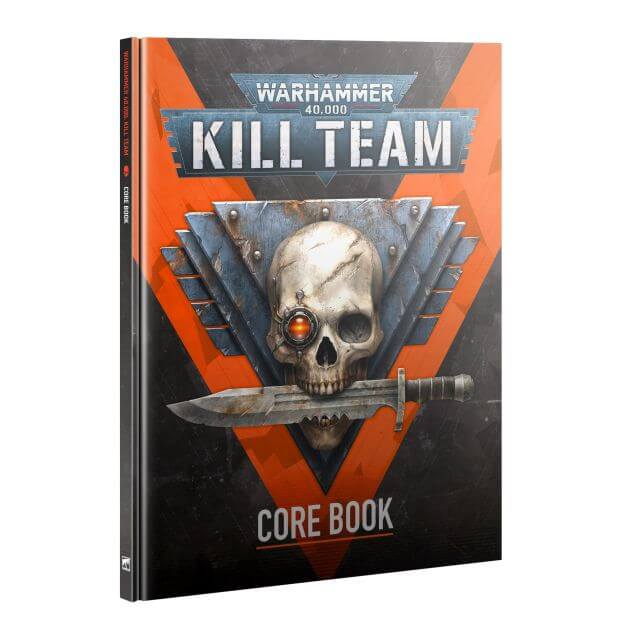 Cover of the 40K Kill Team Core Book featuring a stylized skull and a sword, with orange and black color scheme.