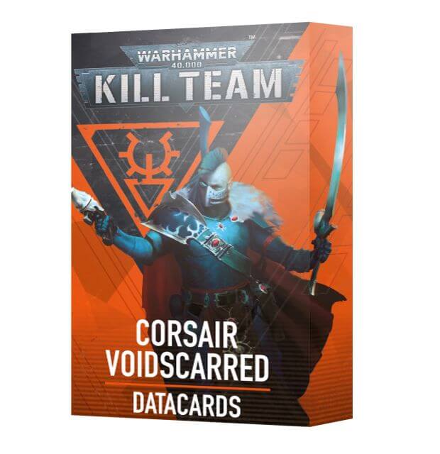 Packaging for 40K Kill Team Corsair Voidscarred Datacards featuring an illustration of a space marine with a sword on a orange and black background.