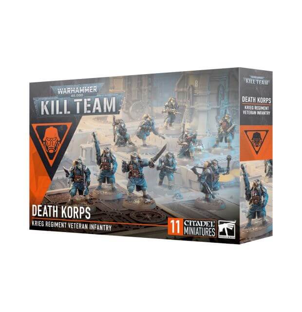 Packaging for 40K Kill Team Death Korps 2024 game set, featuring miniature figures in a box.