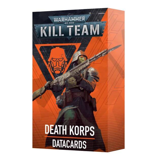 Packaging for Warhammer 40,000 Kill Team Death Korps Datacards featuring an illustration of a soldier with a gun.