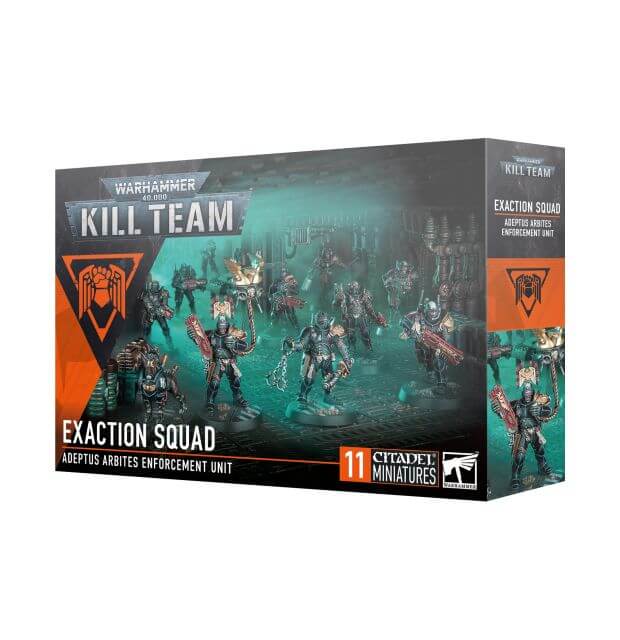 Packaging for Warhammer 40,000 Kill Team Exaction Squad, featuring illustrations of space marines engaging in battle.