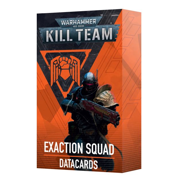 Warhammer 40,000 Kill Team Exaction Squad Datacards packaging on an orange background