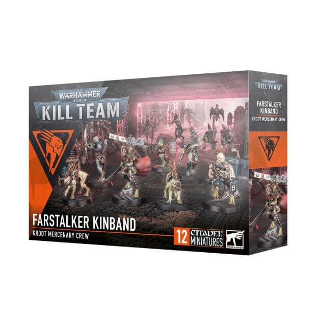 Packaging for Warhammer 40,000 Kill Team Farstalker Kinband game, featuring illustrations of space marines and ork-like creatures in a cityscape.