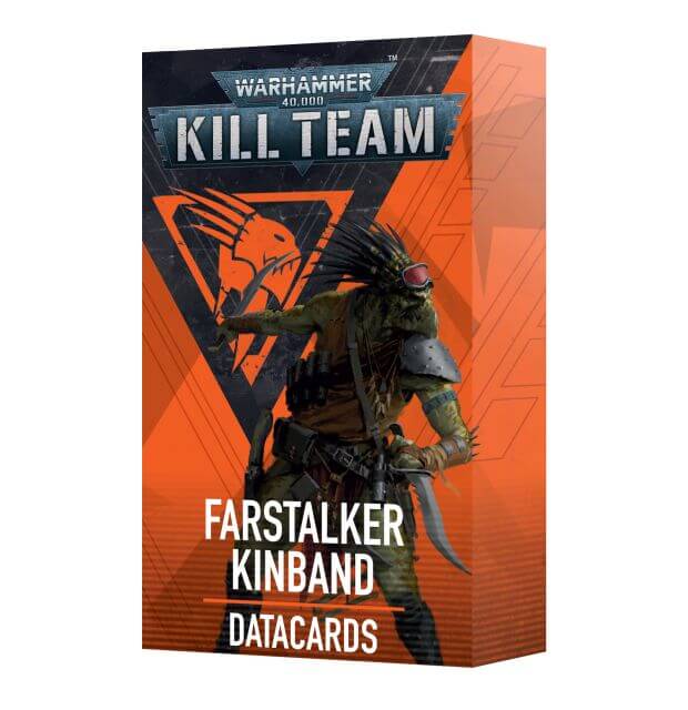 Warhammer 40,000 Kill Team Farstalker Kinband Datacards packaging on an orange and black background